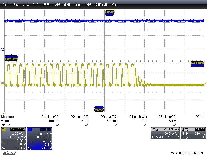 10.2 Over Voltage Protection -- Blue Vout,Yellow Vdem Input Voltage Vout (V) Vdem (V) Waveform 90VAC/60Hz 48.8 3.38 Fig.28 264VAC/50Hz 49.0 3.