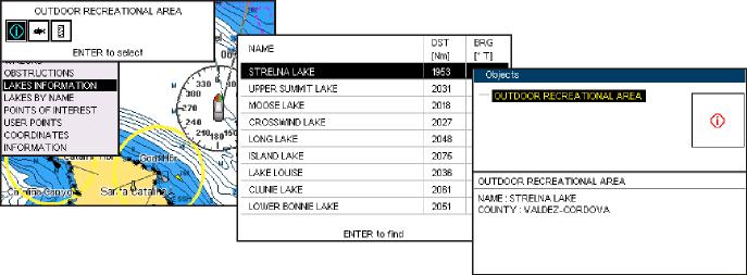 4.0.5 Lakes Information A Lake Info is represented with a on the Chart Page. This feature is used to find information on the 20 closest Lakes near the position of your vessel.