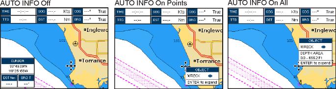 6 Turning Off Information on Icon Points The GPS Chart Plotter allows you to select to see information on points, on all items or to turn this function off. The default setting is On Points. 1.