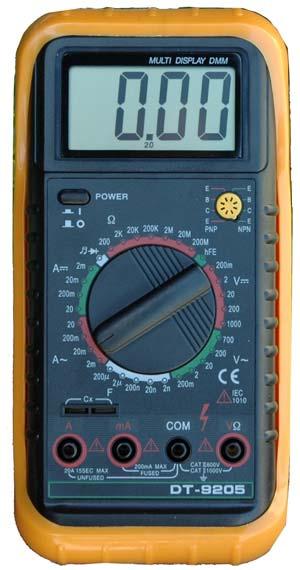 Digital Multimeters ON / OFF power switch Continuity / Diode Test Function Resistance Function Ranges from 200Ω to 200MΩ Transistor Test Function DC Current Function Ranges from 2mA to 20A.
