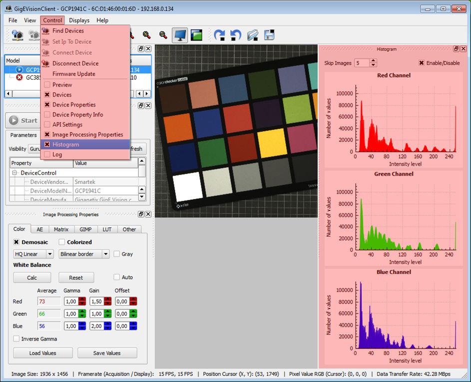 6 Image Processing in GigEVisionSDK Histogram in the GigEVisionClient In the GigEVisionClient application the histogram feature can be enabled by the menu bar entry Control Histogram, shown in Figure