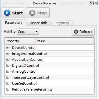 3 Smartek GigEVisionSDK Library 3.5.2.3 Device Properties The Device Properties dialog contains all information and settings of the chosen camera, provided by the camera s GenICam file.