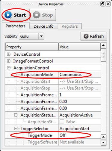 3 Smartek GigEVisionSDK Library Figure 66: Device Properties - Starting a continuous stream A running acquisition can be quit by pressing the Stop-button.