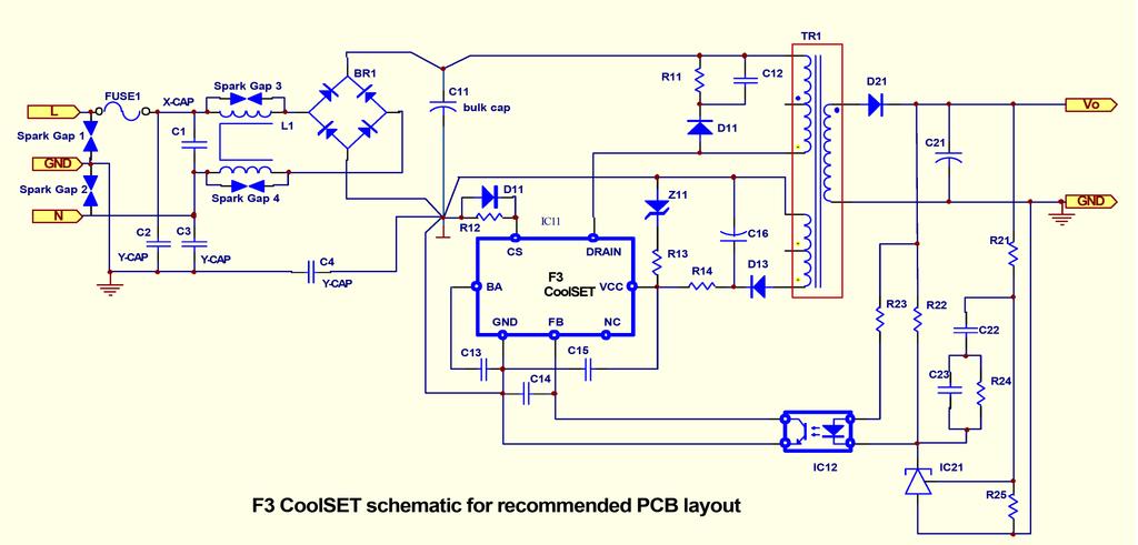 Schemaic for recommended PCB layou 10 Schemaic for recommended PCB layou Figure 72 Schemaic for recommended PCB layou General guideline for PCB layou design using F3/F3R CoolSET (refer o Figure 72):