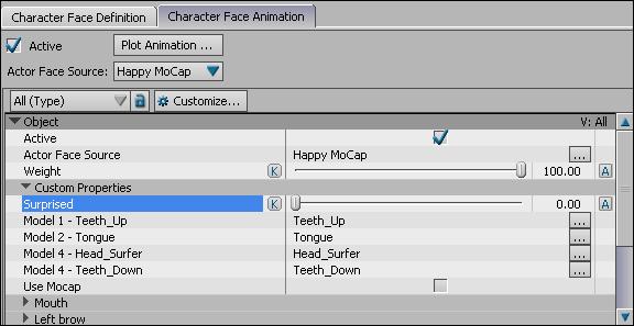 In the Scene browser, double-click the Character Faces root folder, then double-click Surfer face to display the Character Face settings (fig 56-10, ). 2.
