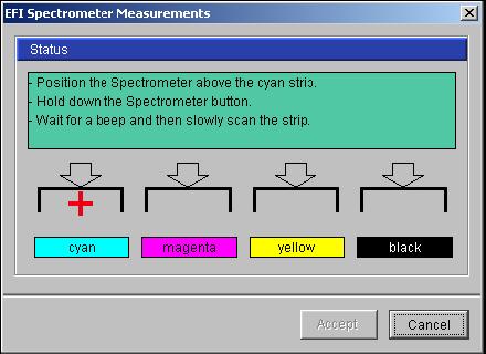 9. This is the Measurement dialog box that will guide you in measuring the calibration chart. Place the ES-1000 measurement head in the white space to the left of the Cyan strip.
