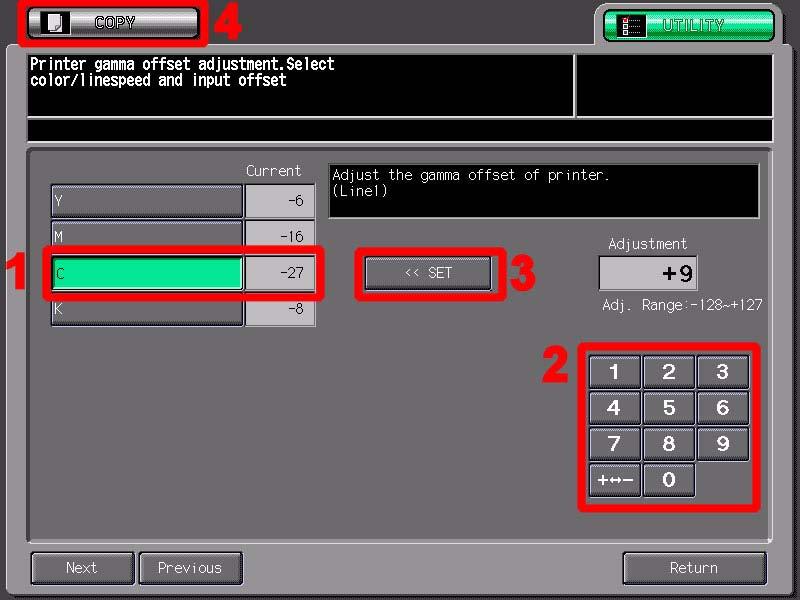 Need another Screen shot of Gamma offset setting screen like this one Dot 1 with a box and Y and M with a red box Use this screen, same as for entering the rough adjustment values, for entering the
