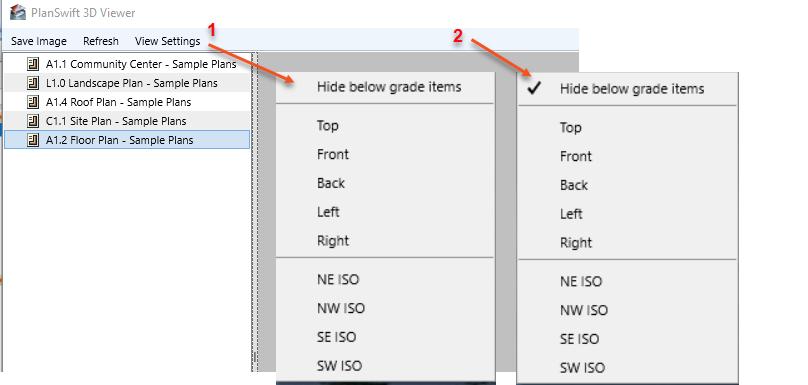 Other views may be quickly displayed using the View Settings drop-down menu (see arrow 1 on Figure 30). The Hide below grade items option hides all takeoffs that have a negative value (below grade).