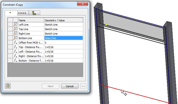 Select icopy from the Assemble ribbon tab. Select an assembly that is configured for icopy. Select Open. 3. Select geometry and enter parameters that are set up in the icopy assembly.