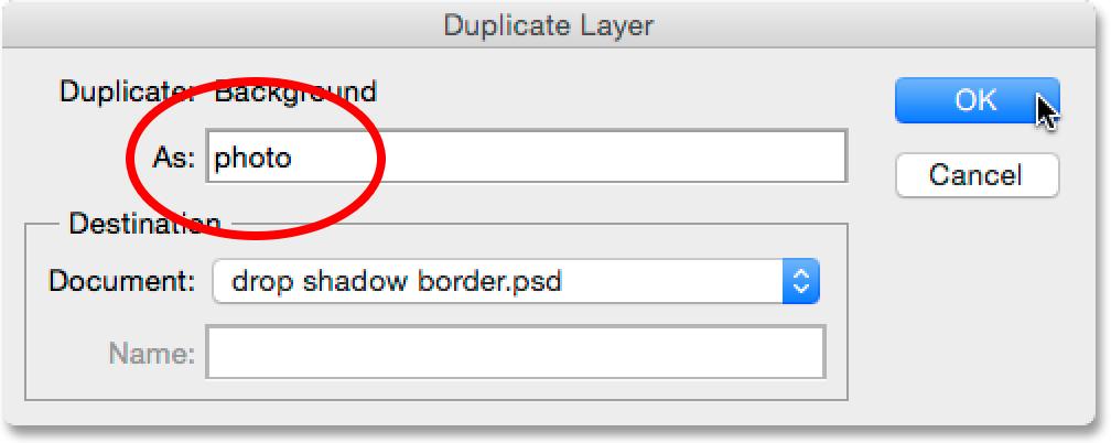 Name the new layer photo, then click OK: Naming the new layer.