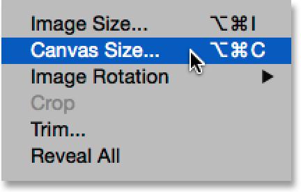 Or, just press Ctrl+Alt+C (Win) / Command+Option+C (Mac) on your keyboard to quickly select the Canvas Size command with the shortcut: Going