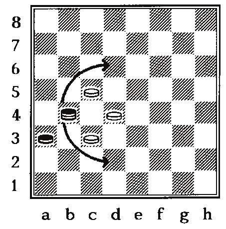 Here, the black queen on B4 can either capture the white piece on C5 and end up on D6, or capture the white piece on C3 and end up on D2.