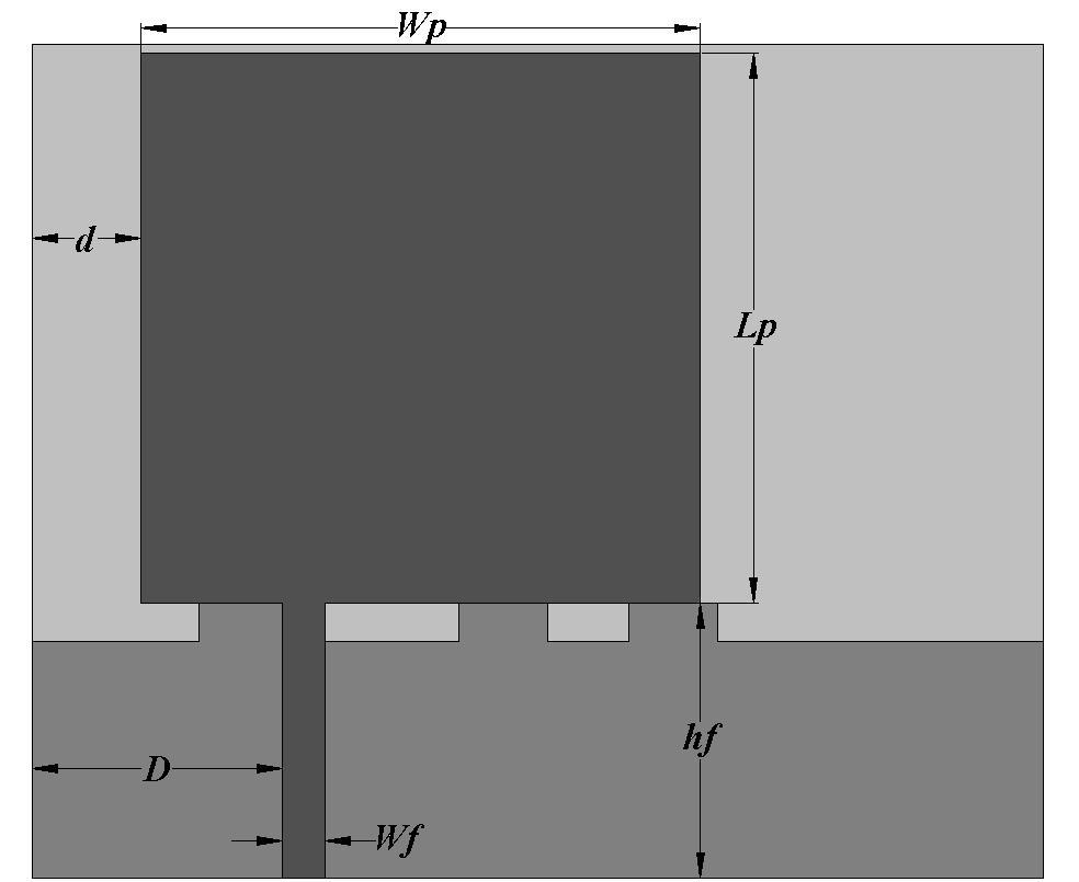 was offset from the centre of the radiator and the ground plane. The ground plane had a height of hg and was printed on the other side of the substrate. Three rectangular stubs with the dimensions 3.