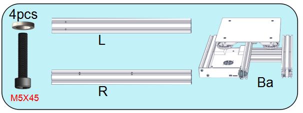 , Using M5x45 screws and washers, pass them through bottom hole of the aluminum profile at the right side of the base (Ba), align the threaded hole at the bottom of the aluminum profile (R), and