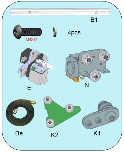 Step 6. X-axis bearing installation preparation Prepare the following parts: a. Aluminum profiles(b1)-(1x) b.m4x16 Hex drive rounded head screws (4x) c. M4 Washer (4x) d.