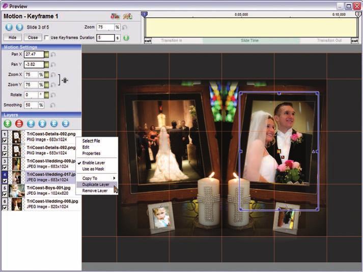 56 The Official Photodex Guide to ProShow Figure 3.10 Slide 3 uses reversed duplicates of one picture on two separate layers to create mirrored sets of frames and candles.