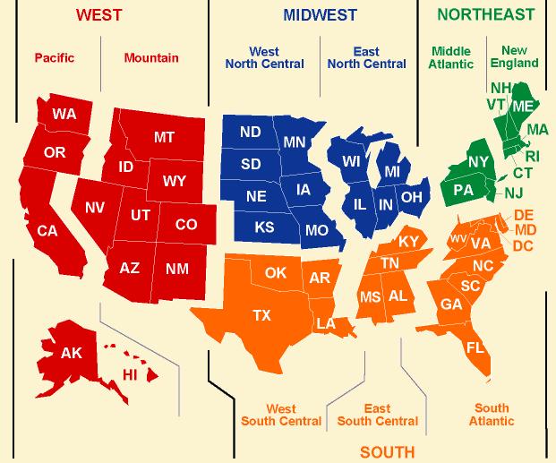 D. Results The first part of our analysis is by US Census Region. Figure V.1 shows which states make up each of these regions (Northeast, Midwest, South, West). Figure V.1 Census Regions of the United States Source: Energy Information Administration http://www.