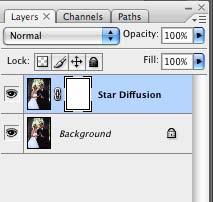 Step 3: Add a layer mask Add a layer mask to the Star Diffusion layer by clicking on the Add Layer Mask button in the Layers pallet or by choosing Layer> Layer Mask> Reveal All.