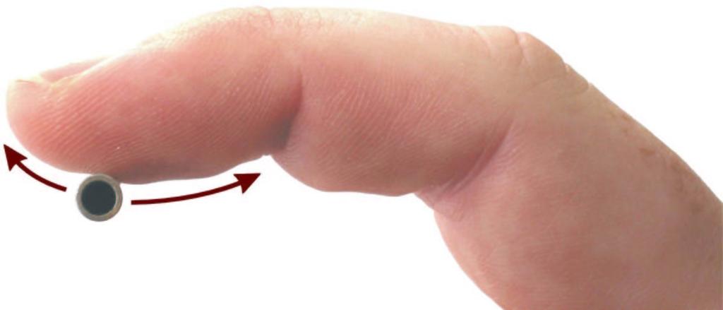 Figure 1. Contact location display concept: a tactile element moves along the fingertip to indicate the position of contact. (a) tant tactile information during haptic interactions.