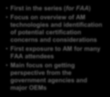 Workshop Evolution (2015 2017) 2015 Workshop First in the series (for FAA) Focus on overview of AM technologies and identification of potential certification