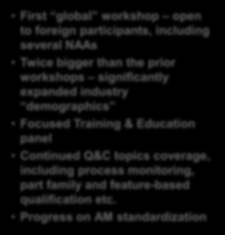 Workshop First global workshop open to foreign participants, including several NAAs Twice bigger than the prior workshops significantly expanded industry