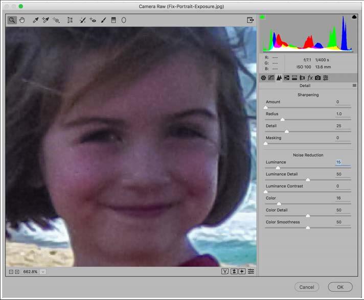 Fixing Exposure w/camera Raw Filter PT2 Lightening the shadow areas revealed image noise.