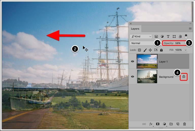 Fix Bad Sky w/background Eraser PT3 1. Reduce the Opacity of Layer 1 (sky) enough to see the Background 2.