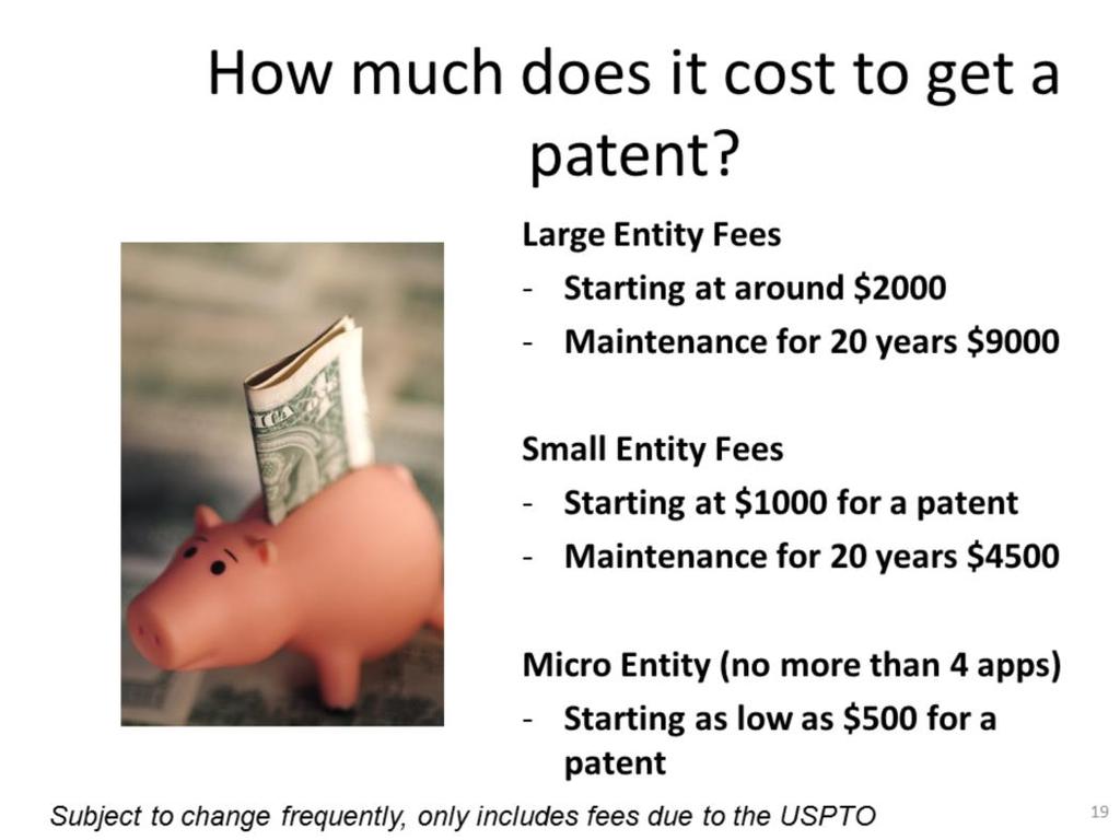 These are the fees that the US Patent and Trademark Office charges for getting a patent (which are many separate fees) and maintaining it over up to 20 years.