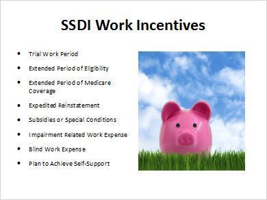 1.9 SSDI Work Incentives The important Work Incentives that help SSDI beneficiaries are called: Trial Work Period Extended Period of Eligibility Extended Period of Medicare Coverage Expedited
