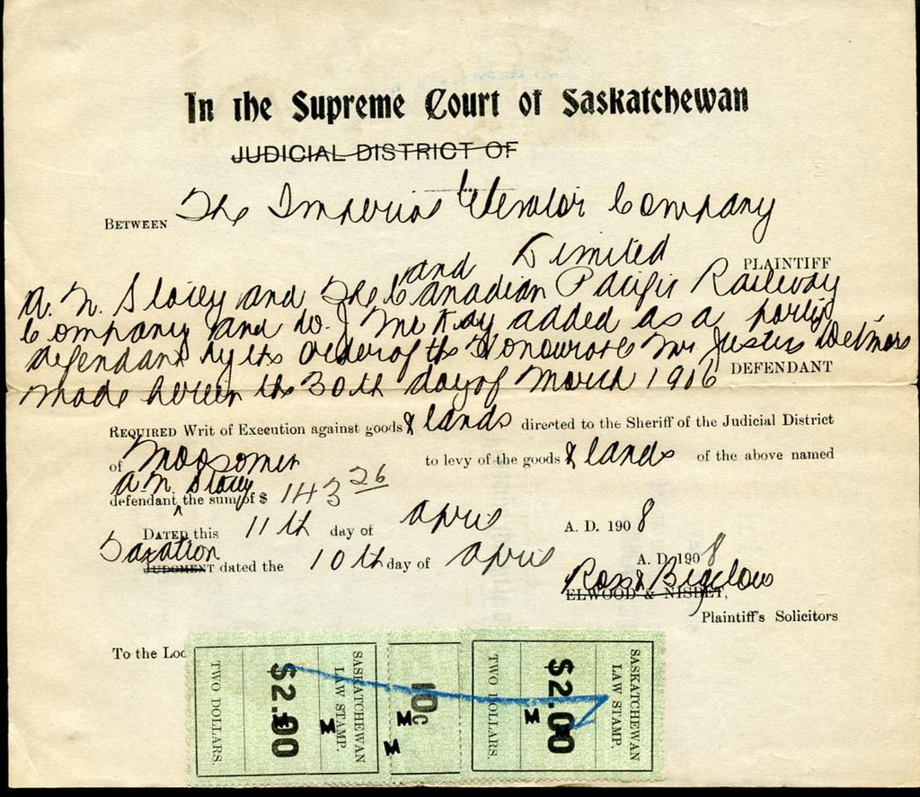 1908 Supreme Court of Saskatchewan Praecipe for Writ of Execution The rare is paid with SL22a - 10c + 2 copies of SL28 - $2. $2 is RARE on document.