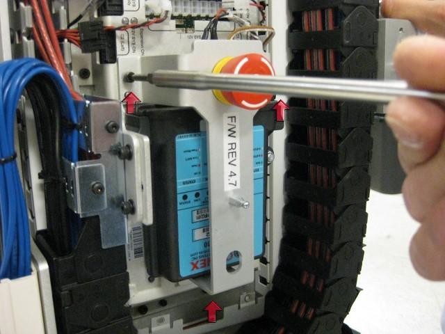Use a 3mm bit on the T-handle wrench. There are three screws (see Drawing 2). The bracket will remain connected to the robot with a short cable.