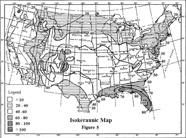 The National Weather Service publishes details on the number of thunderstorms that occur in the United States each year. The data is published in a map form that shows the isokeraunic levels.