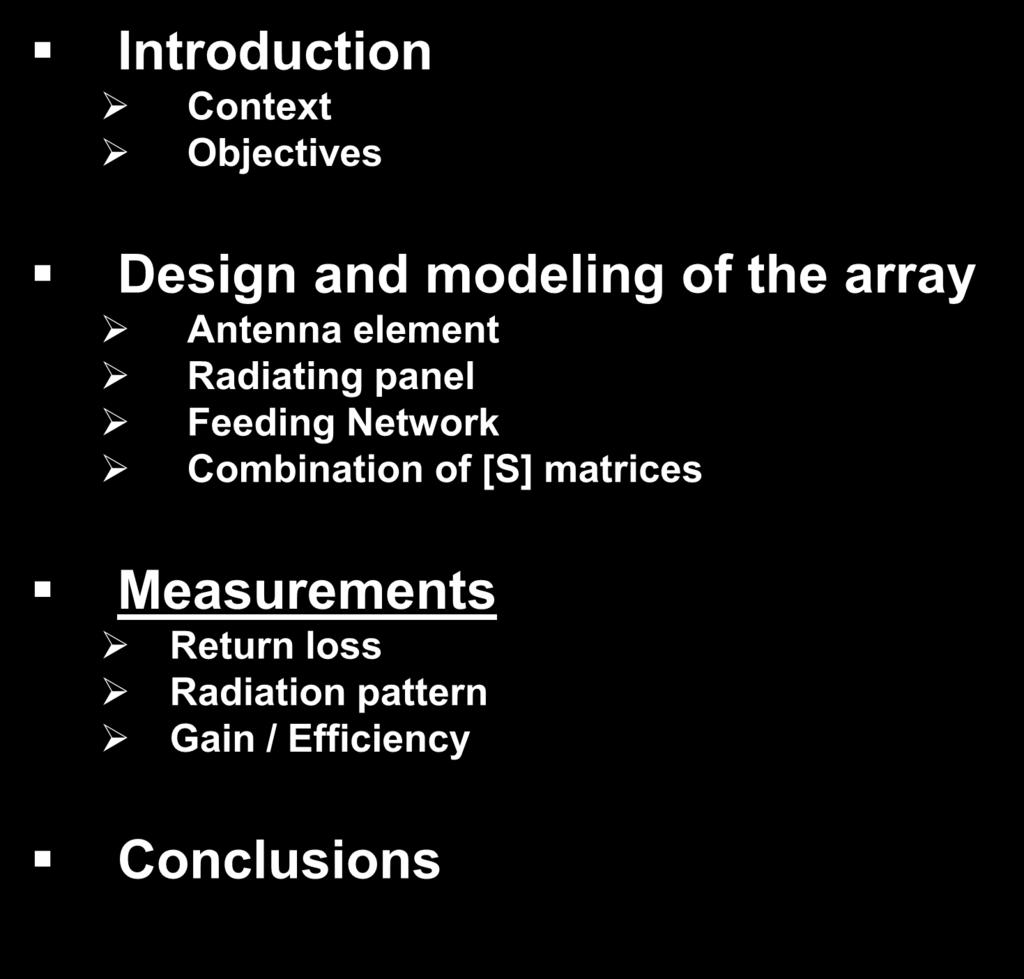 Outline Introduction Context Objectives Design and modeling of the array Antenna element Radiating panel