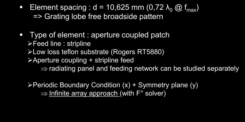 Design and modeling of the array : antenna element Element spacing : d = 10,625 mm (0,72 λ 0 @ f max ) => Grating lobe