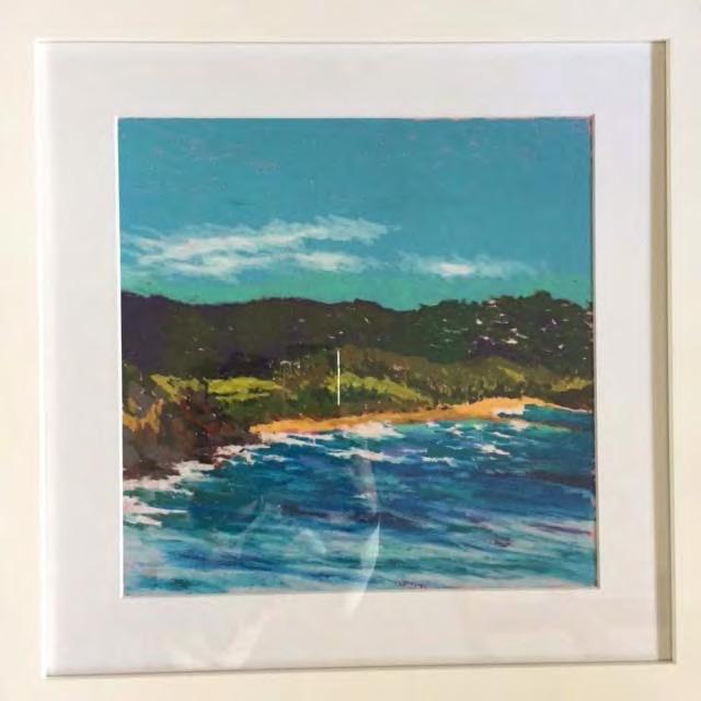 Nicola Woodcock Plein Air Mona Vale Beach Note: please can this be hung next to Plein Air Warriewood Beach (they are a pair) Oil pastel on paper 45cm 45cm - custom framed white Sale Price: $250 Are