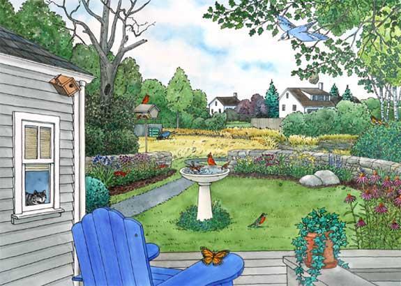 D) Bird-friendly Backyard The next challenge is to create a bird-friendly backyard habitat. An interactive panel features a large illustration of a backyard.