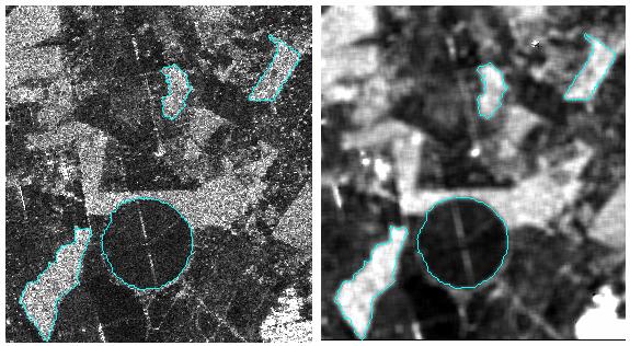 Fig. 2. Left: original HH-polarized SAR image; right: HH-polarized SAR image smoothed by the Enhanced Frost filter. In blue the edges of the selected homogeneous land cover segments. 4.