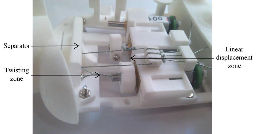 The tendons from the fingers are routed by the motors mounting bracket part. Then they are connected to the twisted strings using the string connection part.