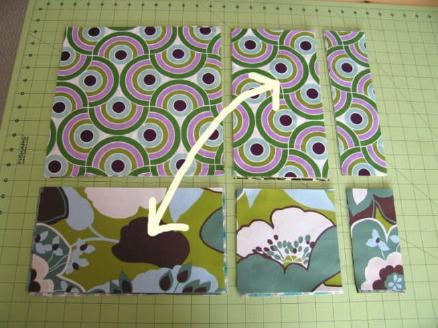 This should make a total of 12 pieces, 6 of them 11 x 20 and 6 of them 6 x 20 -- one piece cut from each of your 12 fat quarters. These will be used to make the Large Pieced Row.