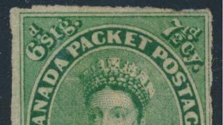...unitrade $250 30 #9iv 1857 7½d green Queen Victoria with Flaw in 1d of Fraction at upper right.