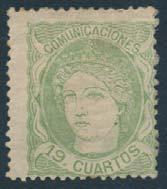 Spain 1159 1160 1159 * #52 1861 19c brown Queen Isabella II on buff paper, three clear margins, cut into design at bottom. Accompanied by 2014 Sergio Sismondo certifi cate...with traces of original gum.