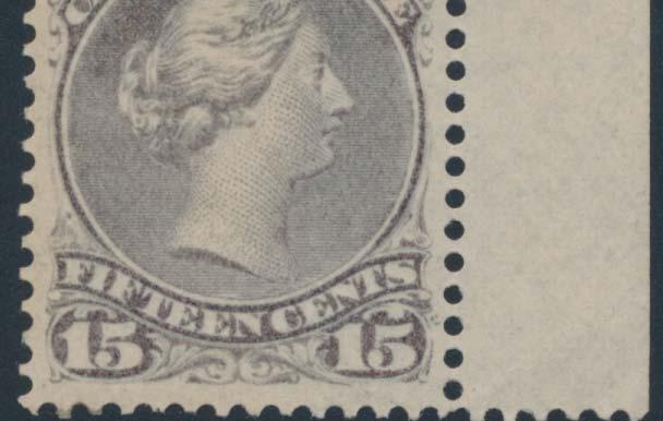 $2,000 74 * #30iii 1868 15c grey Large Queen with Pawnbroker Variety on right stamp of a horizontal mint pair. Fresh, with somewhat disturbed original gum (catalogued as unused), fi ne.