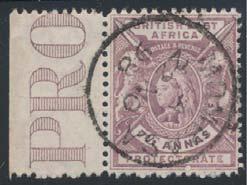 British East Africa continued British Guiana 582 #49 1895 2r brick red Sun and Crown, used with very clear MOMBASA AUG.27.1895 squared circle, from bottom left of sheet, some light toning else fi ne.
