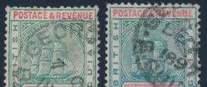 ...Scott $1,750 588 #145 1903 60c gray green and carmine and 60c blue green and carmine Seal of Colony, gray green with fresh colour and clear Georgetown OCT.7.1896 cds and the blue green with Georgetown DEC 1897 cancel.