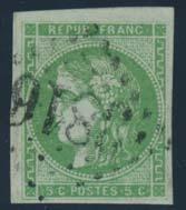 918 * #38 1870 1c olive green Cérès Sheet Margin Block of Four, with fi ne impression, deep fresh colour, with light natural gum bends, and a partial oval inspector s marking in the margin, very fi