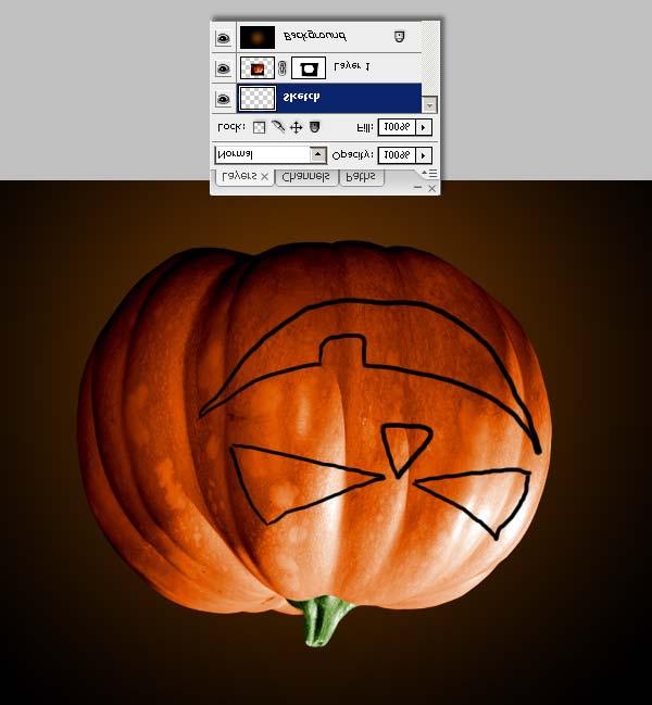 Create a new layer above the pumpkin, name it "Sketch." Now using the Brush Tool, draw a quick sketch of the pumpkin face: the eyes, nose, and mouth, I'm using a tablet so this step is really easy.