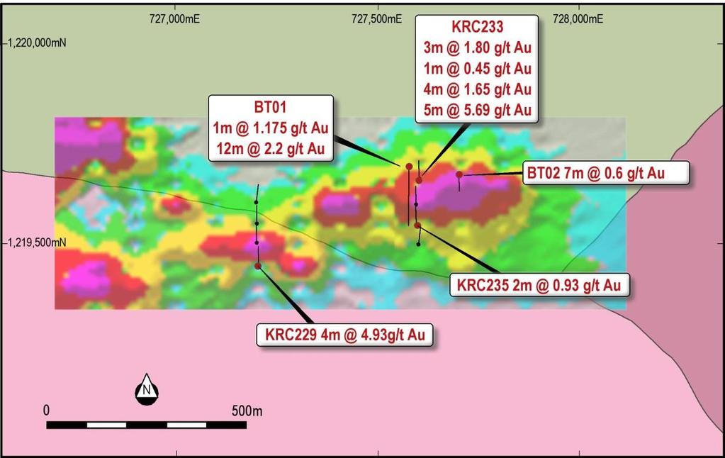 Burkina Faso Regional Gold and Zinc Boungou South Gold Prospect located 6km to the south east of Kollo Project Encouraging first pass RC drill results include: 5m @ 5.