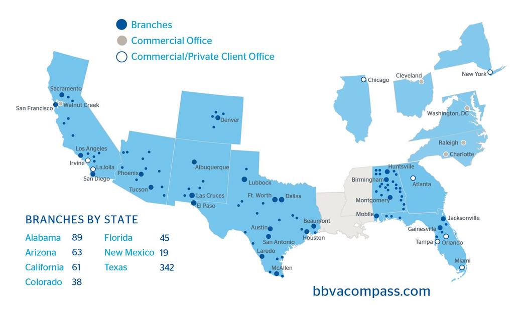 45 in Florida, 38 in Colorado and 18 in New Mexico. BBVA Compass ranks among the top 25 largest U.S.
