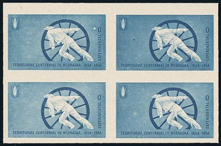 Cat $800, Estimate: $500!! Not Sold Lot 509 Test Stamp, 1954, 5 Values, Brown, Black and Blue, blocks of 4, #TD99-TD101a. N.h., brown, black, and blue, incl.