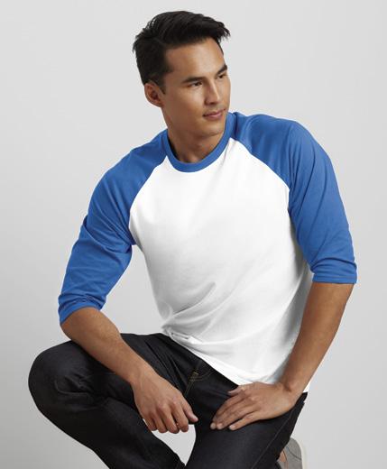 3 cm collar Taped neck and shoulders Double needle sleeve and bottom hems Sizes: LS-LXL 6 colors 76500 Adult Raglan T-Shirt Contrast color 2 cm seamed collar Raglan short sleeves Double needle sleeve